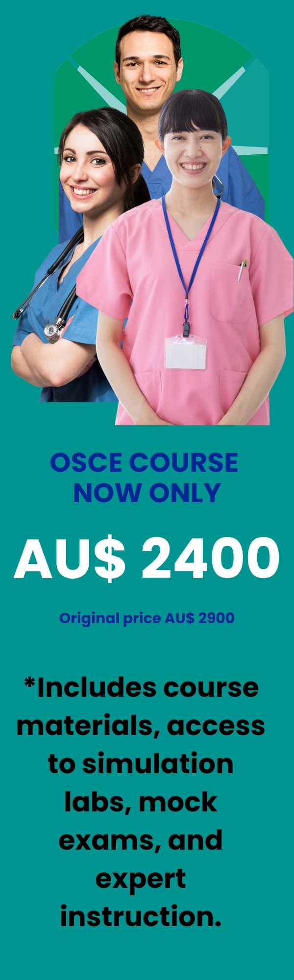 Three smiling international nurses who are going to do their OSCE Preparation Course at Charter Australia stand before the business logo.