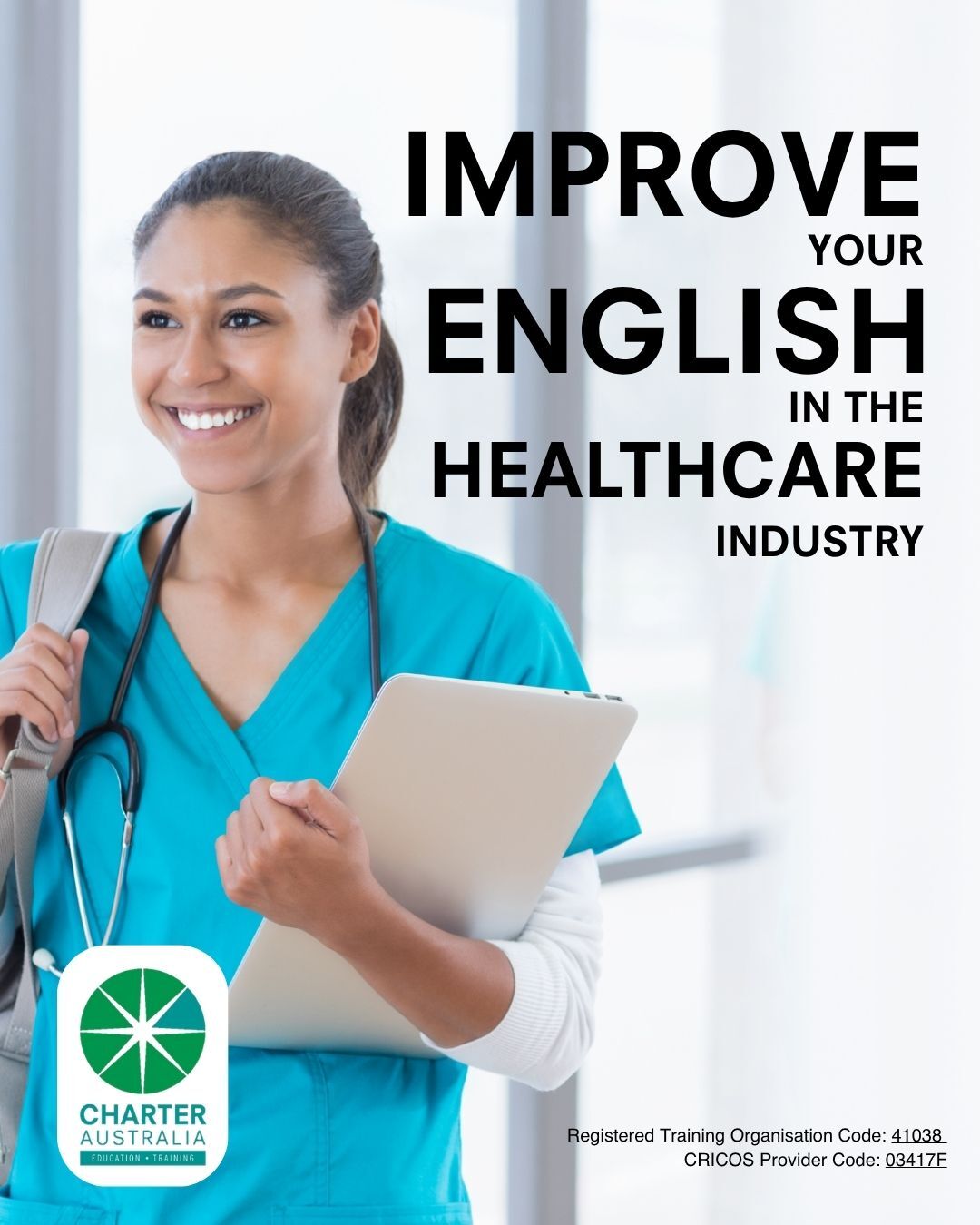A young female nurse smiles confidently in the hospital after completing her OET English language course online to improve her career options in Australia.