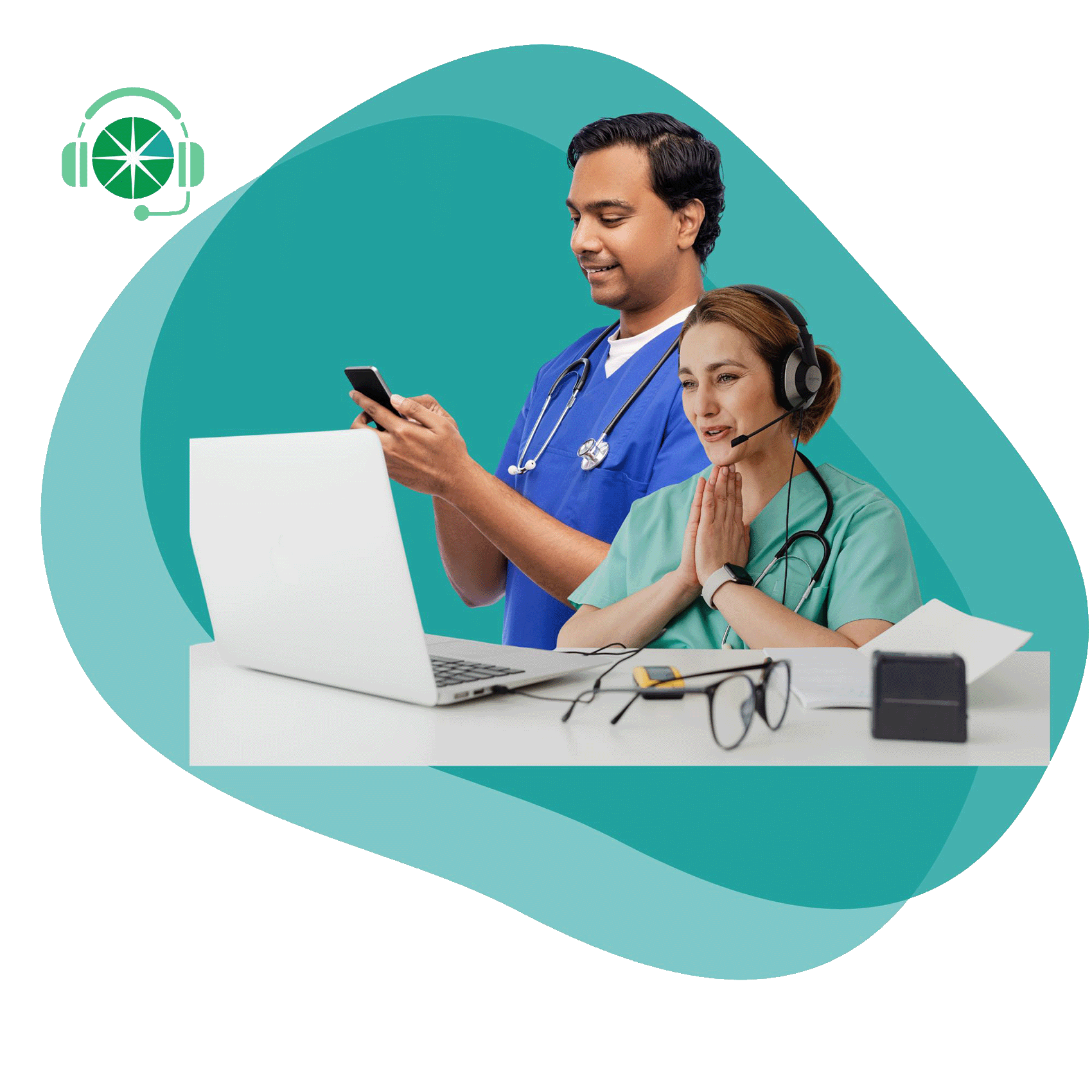 A nurse and healthcare professional engage on their pc and phone as they progress through their online English language courses to work in Australia.