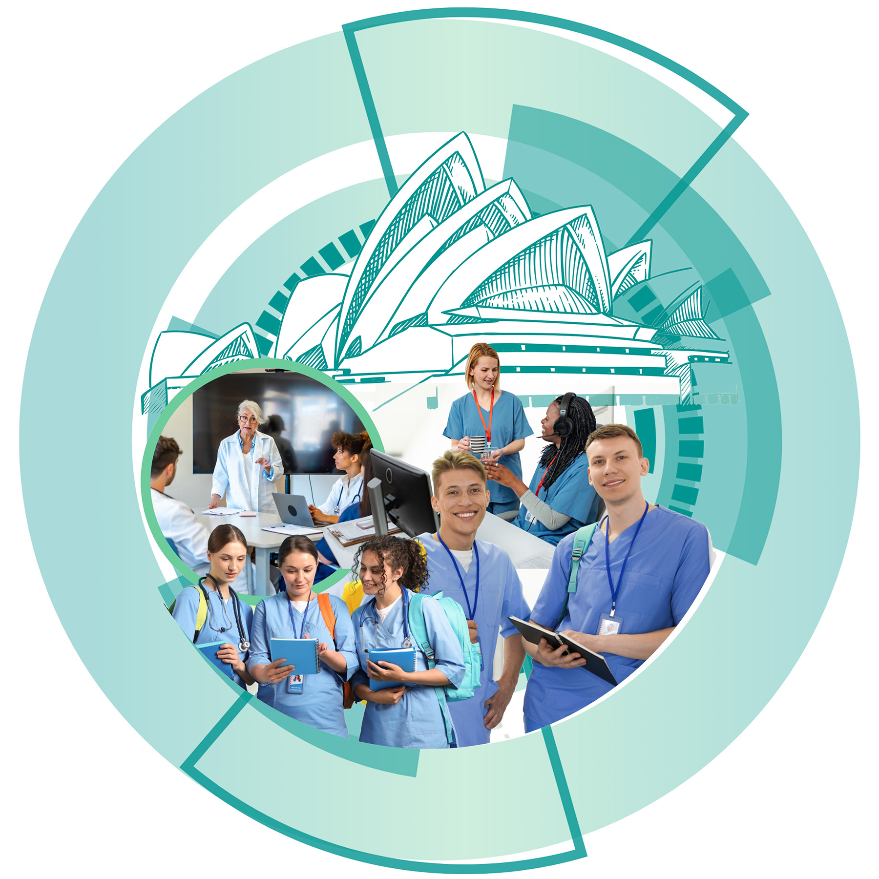 A modern blue frame showcasing dynamic energy in Sydney, NSW with various traineeship activities in healthcare, childcare and aged care taking place.